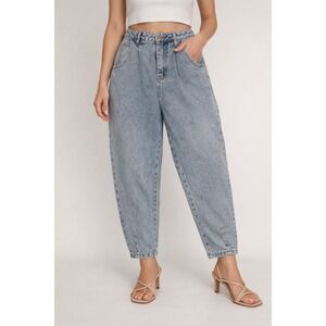 Liliana Real Denim Medium Blue Jeans Barrel Leg High Rise Chic Designer Pleated